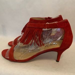Vaneli Red Suede Fringe Clear Strap Kitten Heels